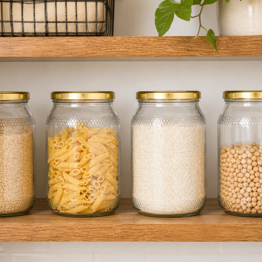 Pot à miel 1260 g avec couvercle doré BasicSeal UNiTWIST Pots à miel de 900 ml avec couvercles dorés comme boîtes de conservation pour les pâtes, le riz et les légumineuses dans la cuisine moderne