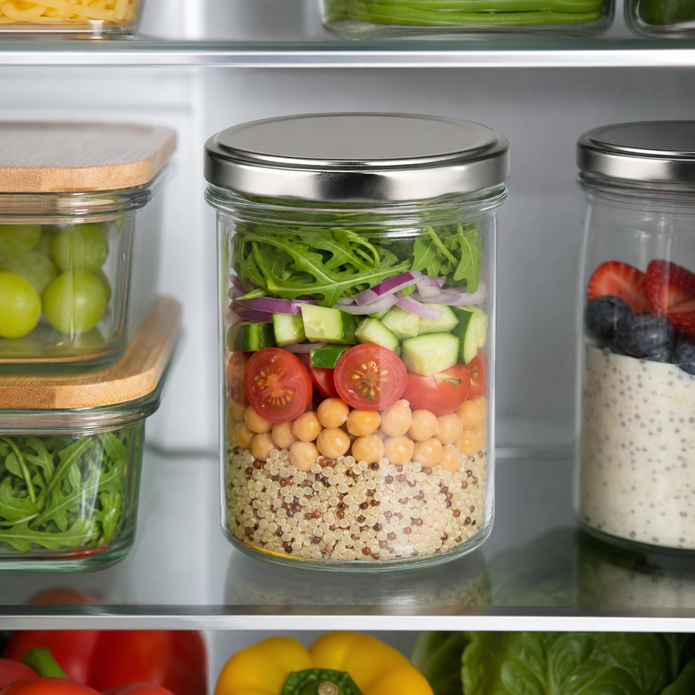350ml Verre conique avec couvercle BasicSeal argent UNiTWIST Pot renversé de 350ml avec couvercle argenté dans le réfrigérateur rempli de salade quinoa pois chiches Meal Prep Bocal de réserve