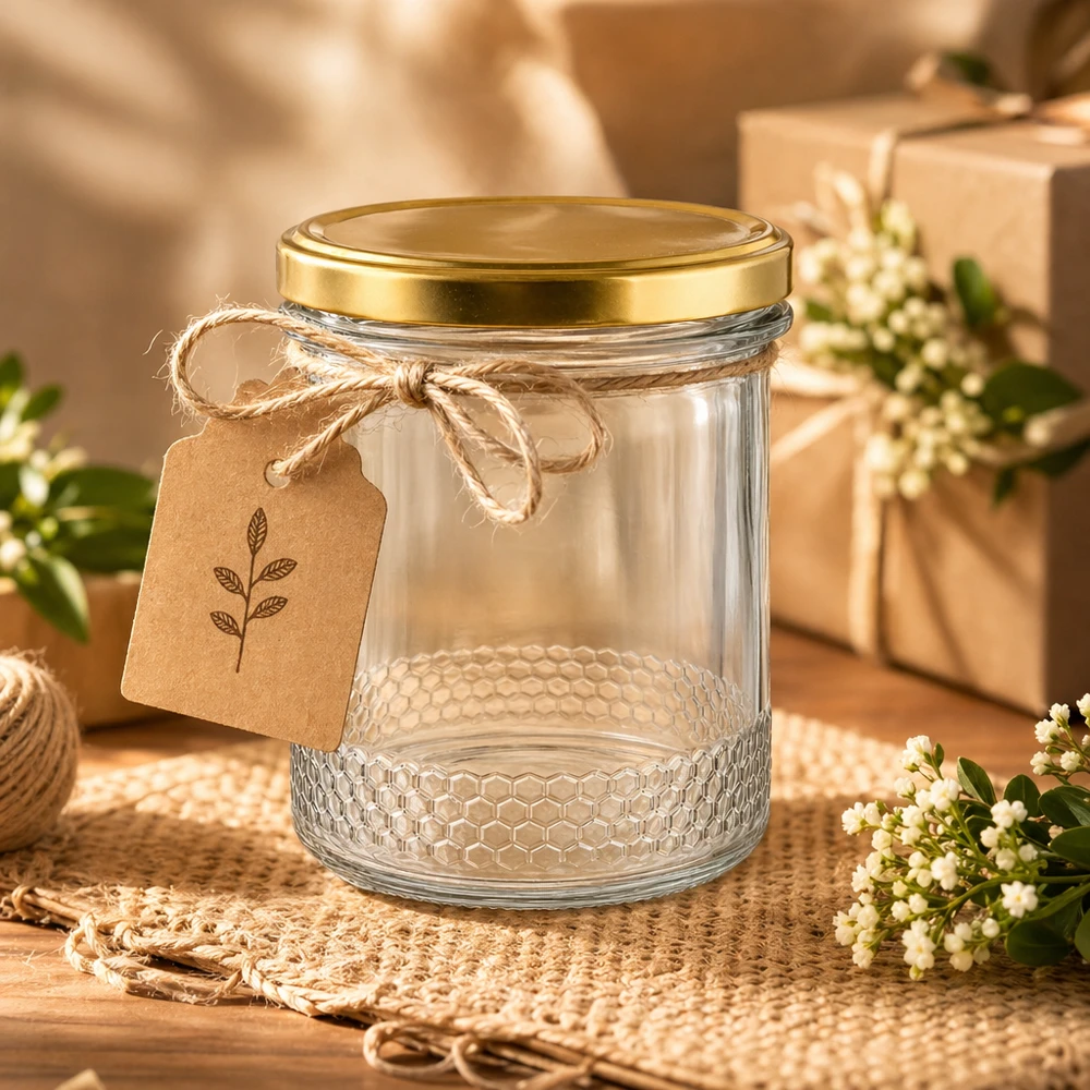 Pot à miel 560 g avec couvercle doré BasicSeal UNiTWIST Pot de miel de 400 ml avec couvercle BasicSeal or UNiTWIST et étiquette cadeau sur table en bois rustique avec décoration en jute