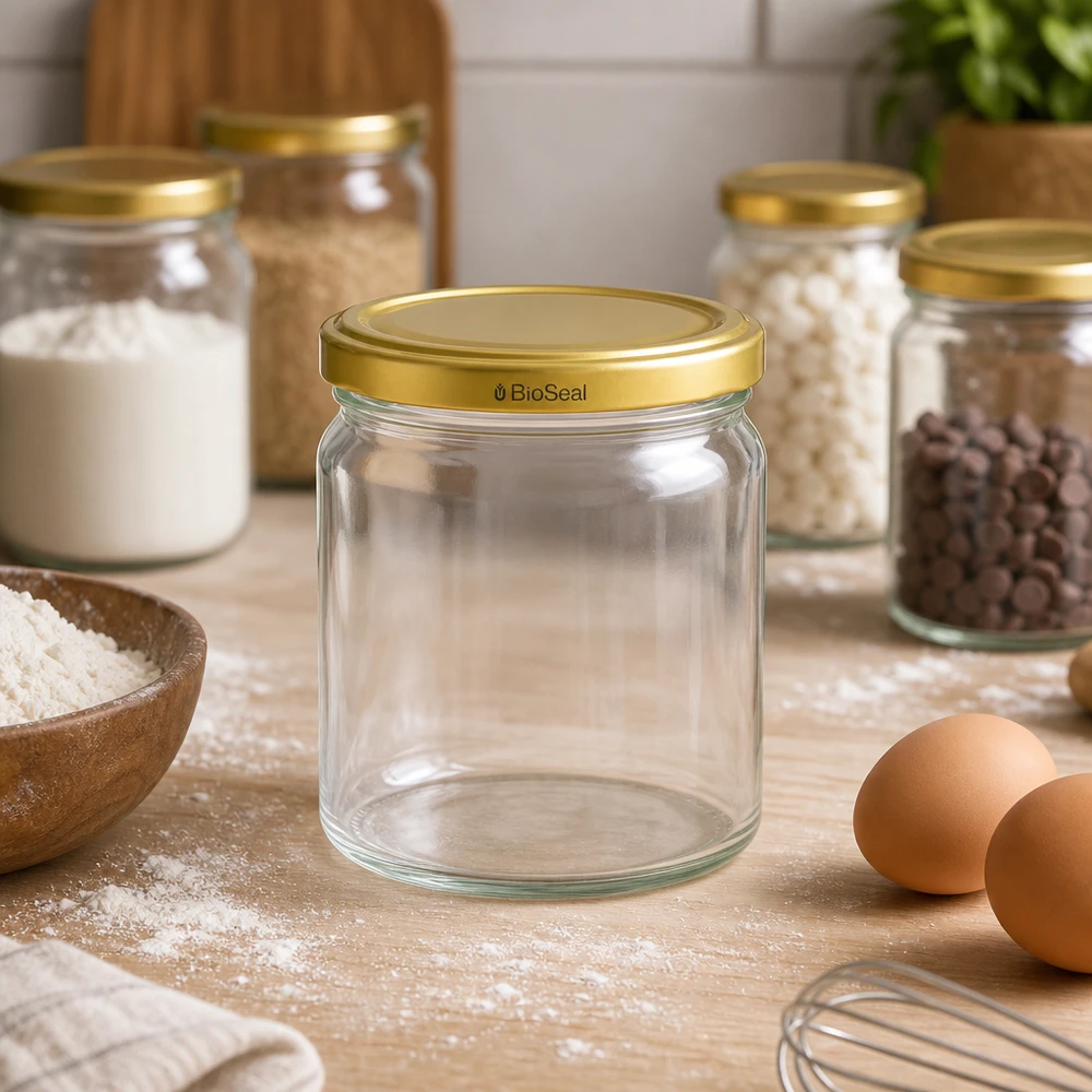 UNiTWIST Runda408 bocal vide avec couvercle TO82 BioSeal doré dans cuisine avec ingrédients de boulangerie farine œufs et bocaux à provisions