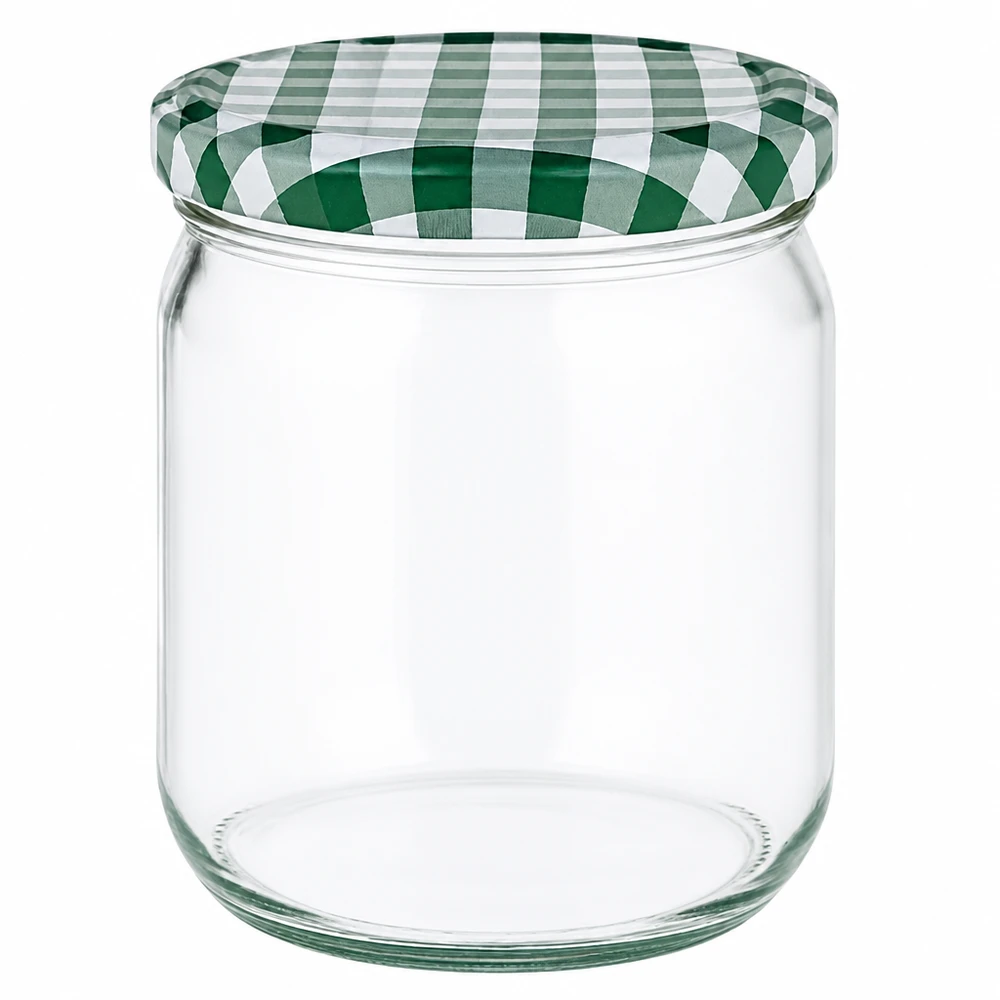 425ml Verre rond avec couvercle BasicSeal vert/blanc UNiTWIST Pot rond de 425 ml avec couvercle BasicSeal à carreaux verts et blancs pour la mise en conserve et la conservation