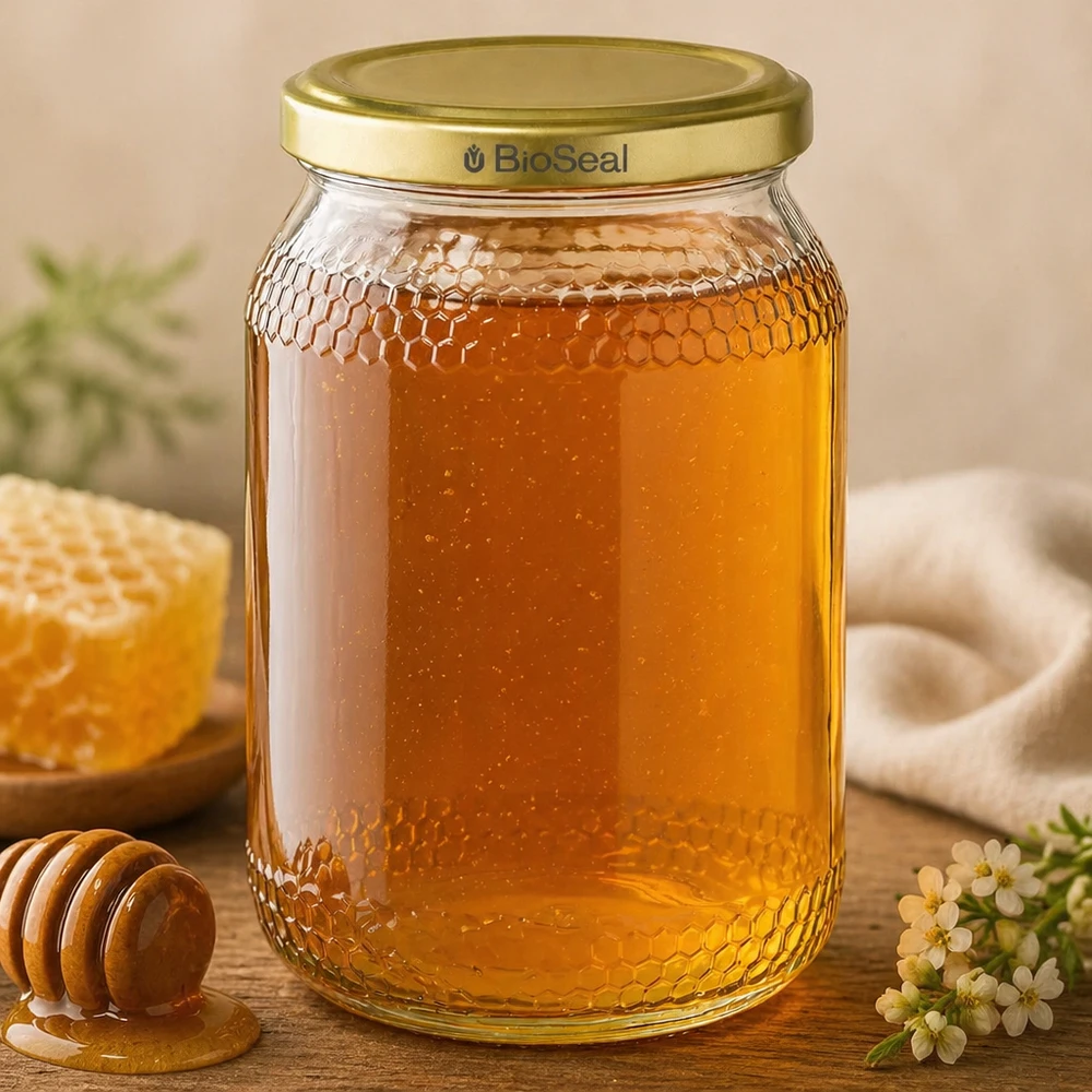 Pot à miel 1260 g avec couvercle doré BioSeal UNiTWIST Pot à miel de 900ml rempli de miel doré BioSeal couvercle aspect nid d'abeille dipper à miel fleurs table en bois matériel d'apiculture