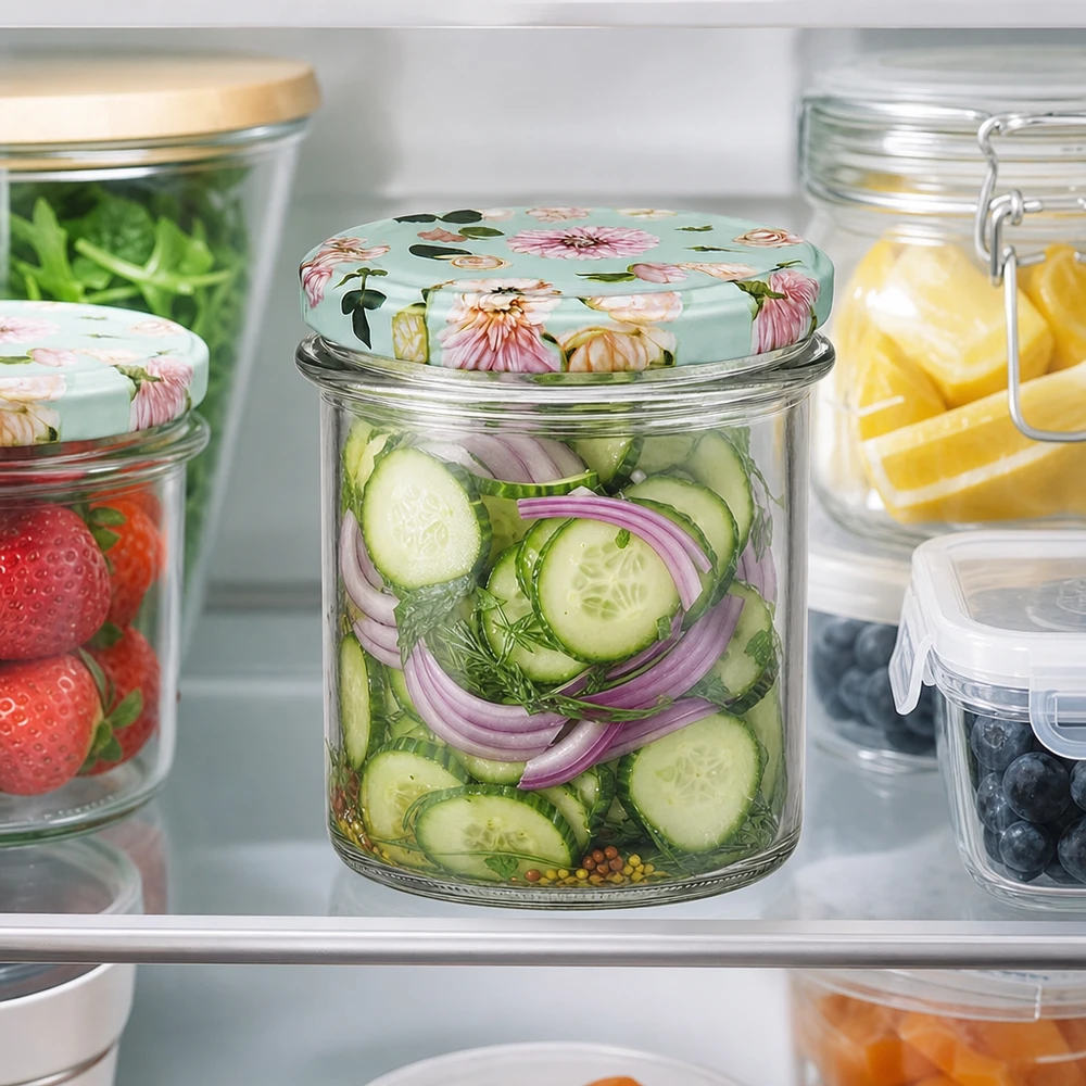 Pot renversé 350ml avec couvercle à fleurs menthe BasicSeal au réfrigérateur, rempli de cornichons marinés et d'oignons rouges
