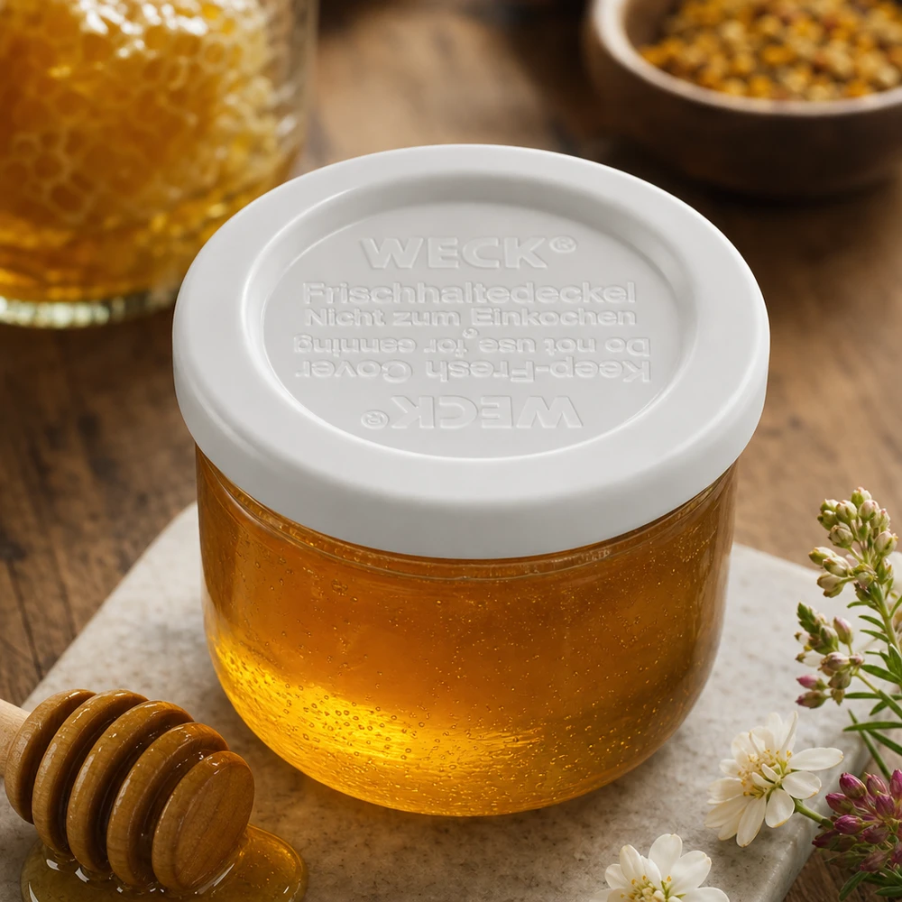WECK Couvercle fraîcheur RR40 avec pot à miel et nid d'abeille - conservation naturelle des aliments avec décoration florale