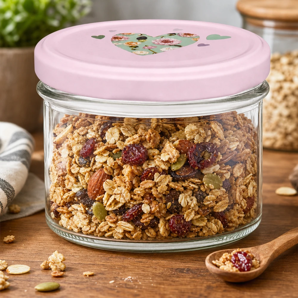 Bocal de 225 ml avec couvercle en forme de cœur rose rempli de céréales et de noix comme bocal de réserve sur une table en bois