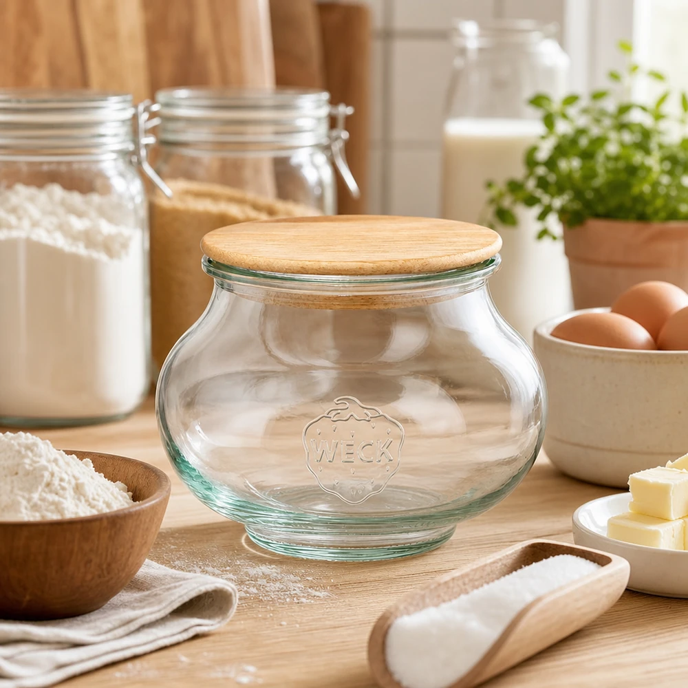 560ml bocal décoratif WECK RR80 avec couvercle en bois WECK Pot à bijoux 560ml RR80 avec couvercle en bois chêne entre les ingrédients de cuisson farine œufs beurre sur planche en bois cuisine