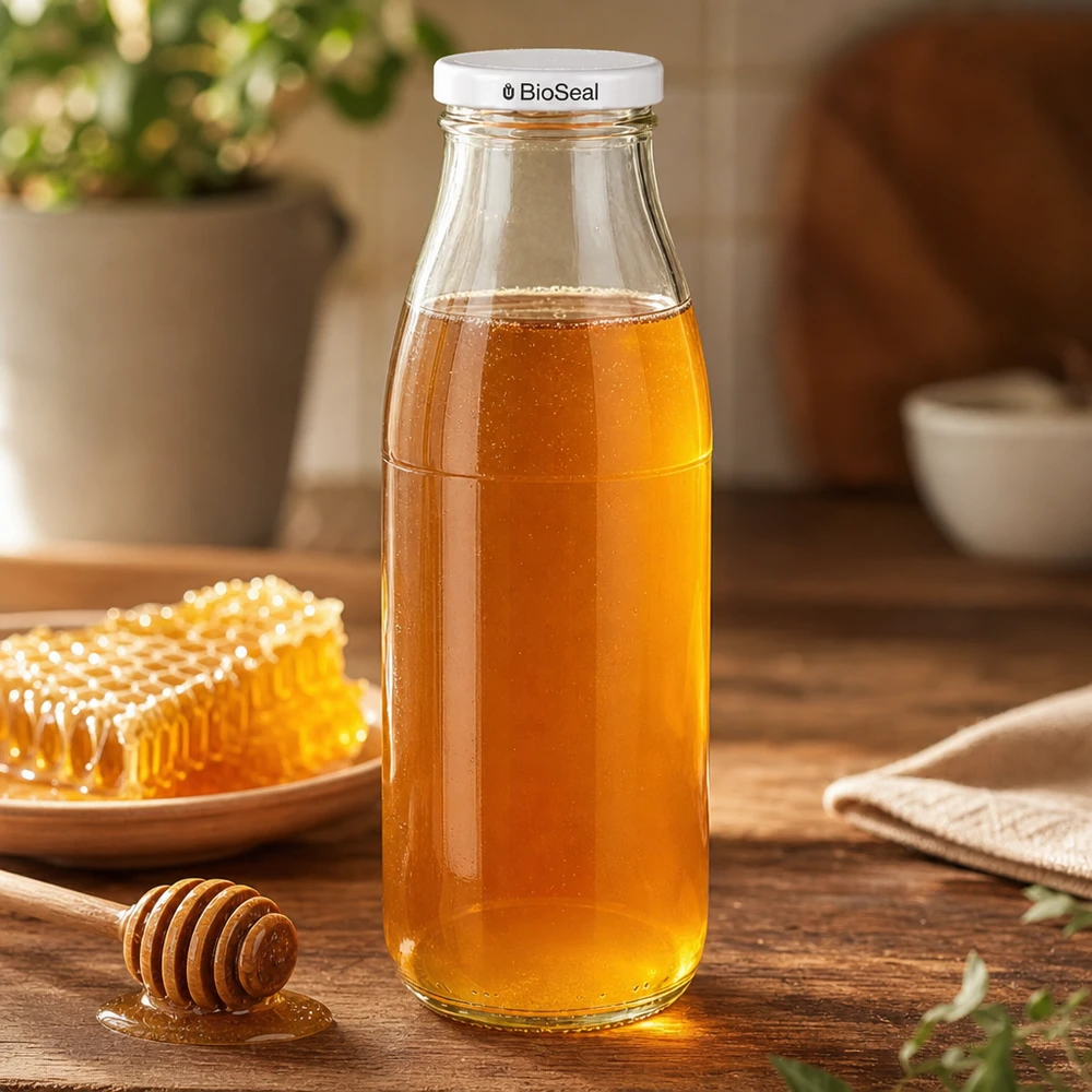 Bouteille en verre de 500 ml remplie de miel, bouchon blanc BioSeal, à côté d'un nid d'abeille et d'une cuillère à miel sur une table en bois