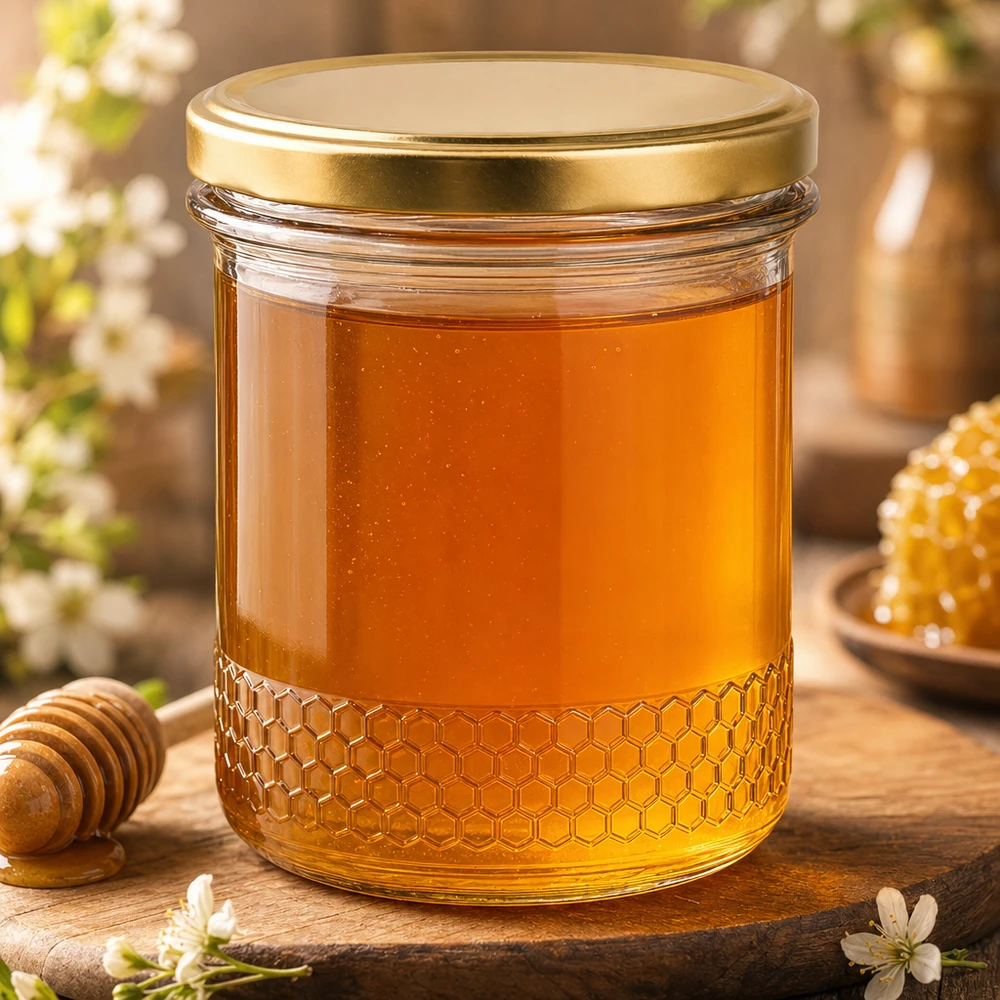 Pot à miel 560 g avec couvercle doré BasicSeal UNiTWIST Pot de miel de 400ml avec couvercle BasicSeal UNiTWIST doré rempli de miel sur table en bois avec design nid d'abeille