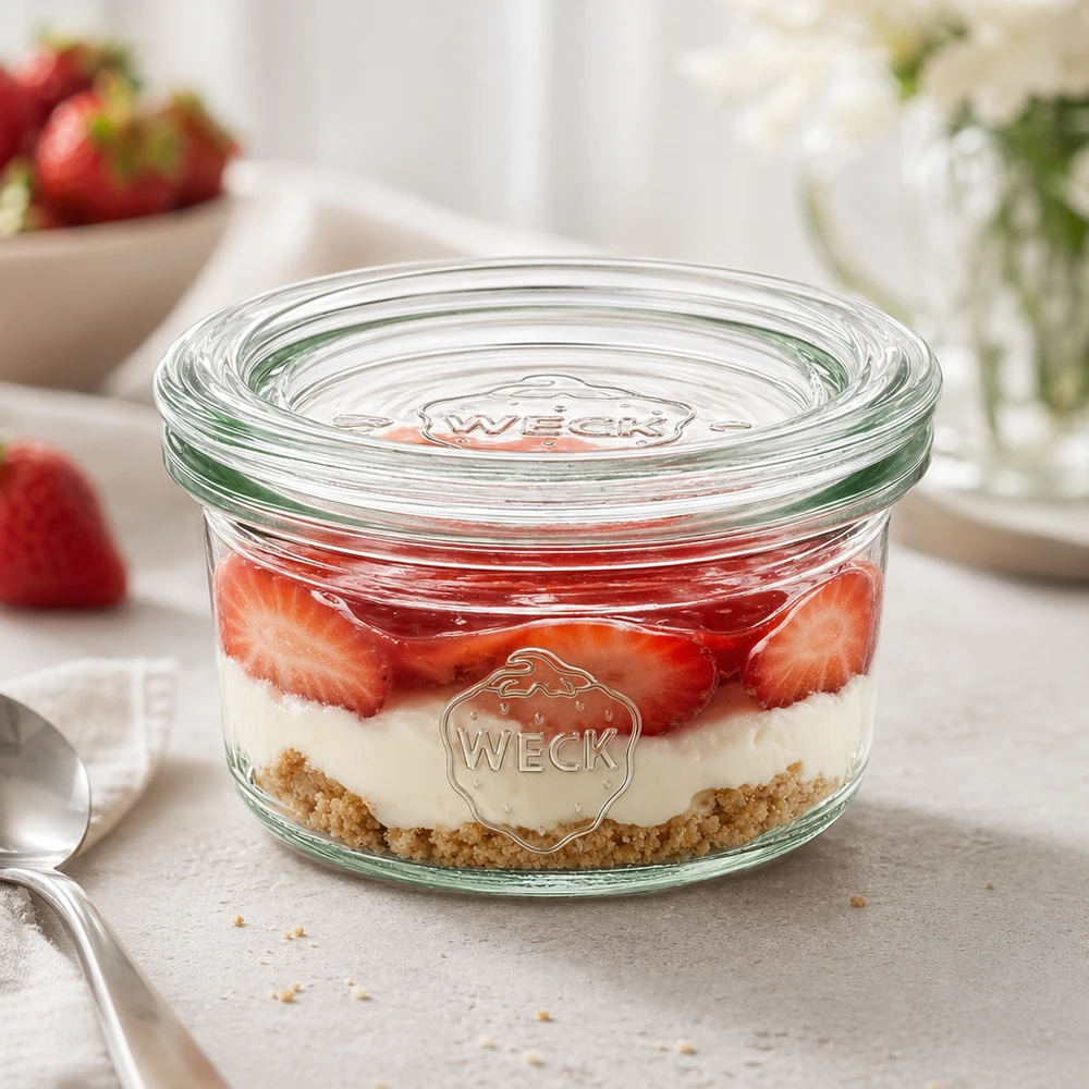 50ml bocal conique avec bouchon en verre WECK RR60 WECK Verre renversé 50ml RR60 avec dessert stratifié à base de fraises et de crème pour un portionnement élégant sur un plan de travail blanc