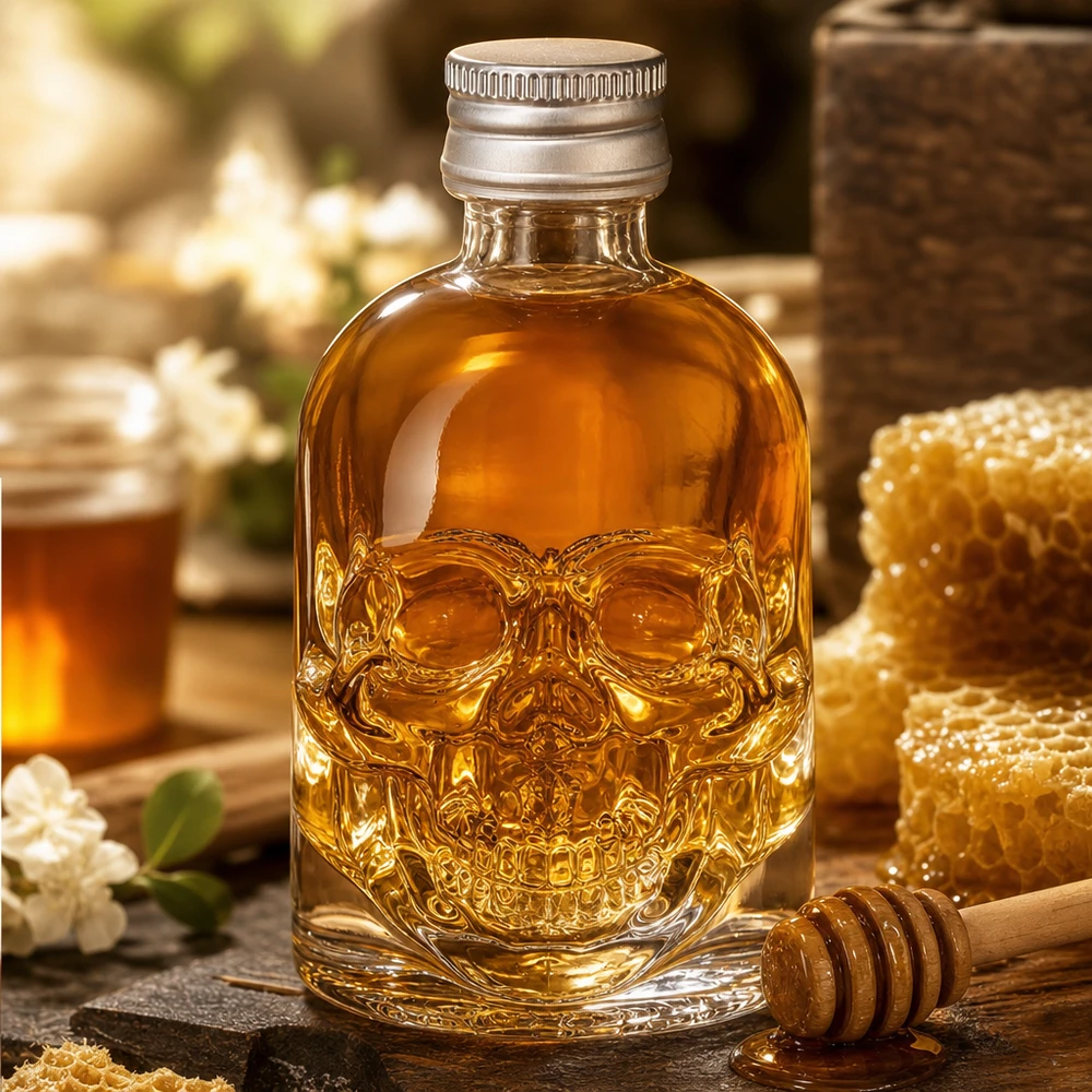 Bouteille en verre Hector 50ml tête de mort remplie de miel à côté d'un nid d'abeille et d'une cuillère à miel dans une cuisine rustique