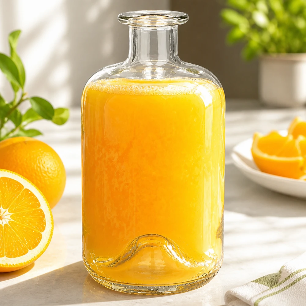 Bouteille en verre Luna de 500 ml remplie de jus d'orange frais à côté de tranches d'orange comme carafe à jus dans le setting de la cuisine