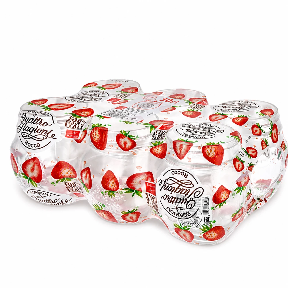 300ml Verre rond "Quattro Stagioni" QS70mm Quattro Stagioni Pots de ménage 300ml avec motif de fraise Set de 6 pots pour la cuisine et les provisions