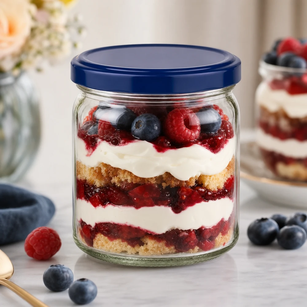 408ml Verre rond avec couvercle BasicSeal bleu UNiTWIST Pot rond de 408ml avec couvercle bleu UNiTWIST rempli d'un dessert aux baies stratifié - exemple d'utilisation du pot de conserve
