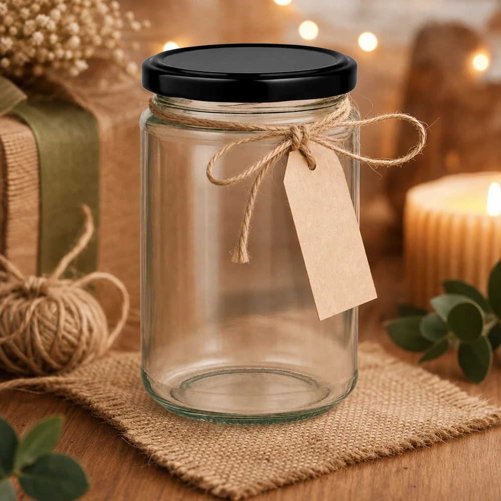 390ml Verre rond BasicSeal Couvercle noir vide avec étiquette cadeau Cordon de raphia Décoration rustique Bougies Ambiente