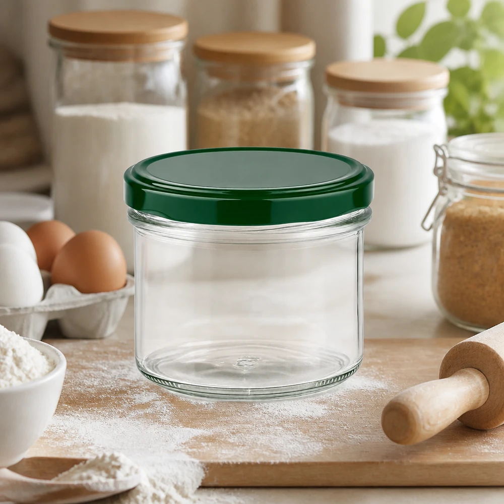 Bocal de 225 ml avec couvercle vert dans la cuisine entre les ingrédients de cuisson, la farine, les œufs et les ustensiles en bois pour le stockage.