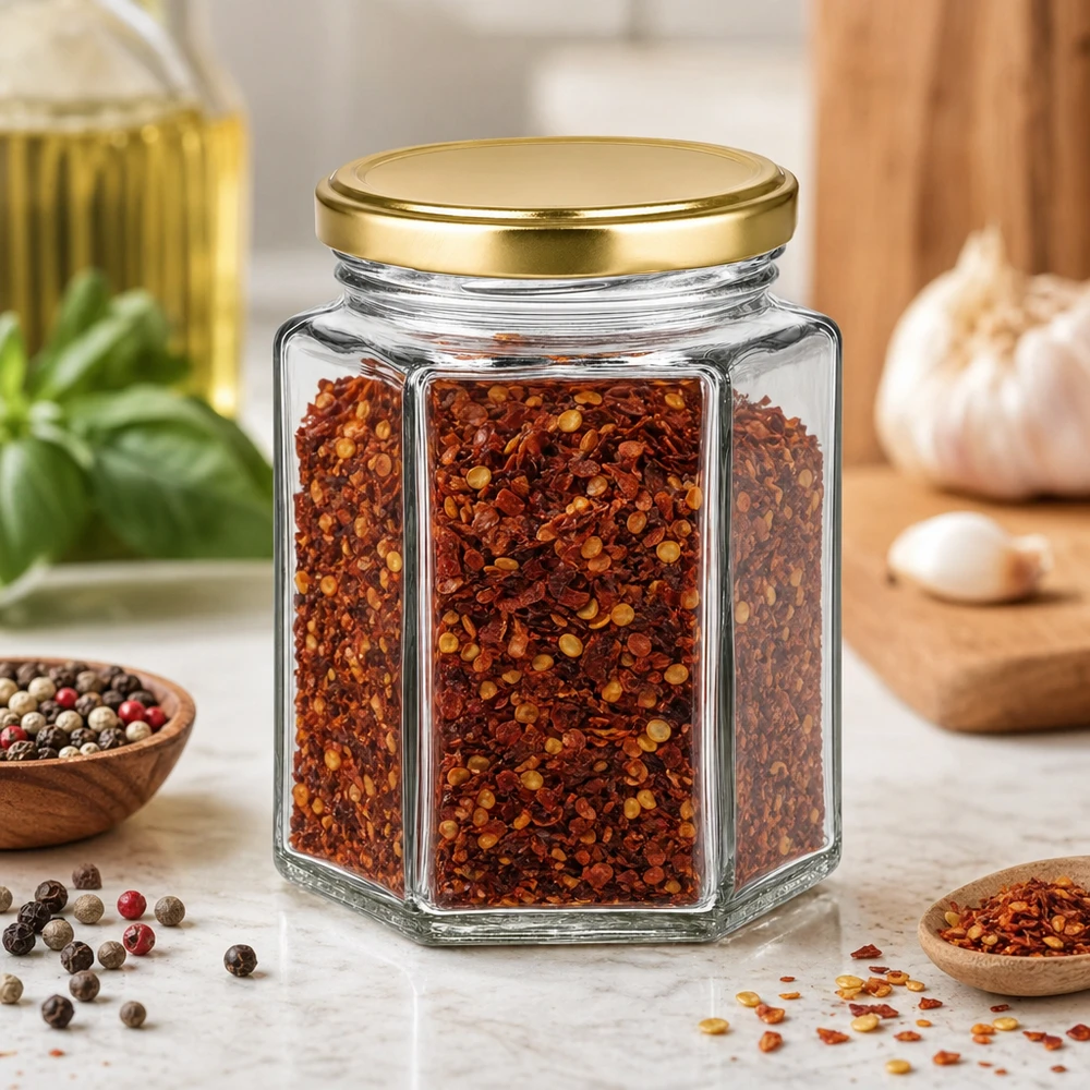 Pot de miel BasicSeal hexagonal de 250g rempli d'épices au chili dans la cuisine aux épices entre les grains de poivre et les herbes aromatiques