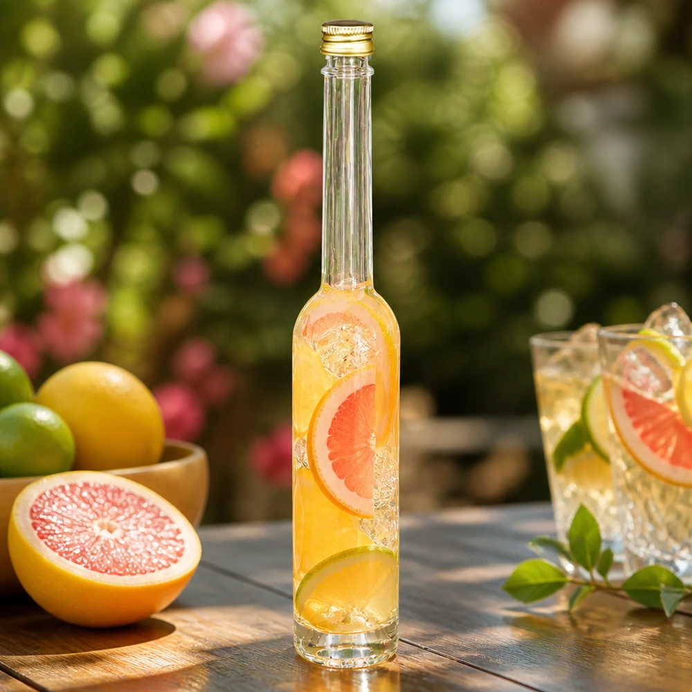 Bouteille en verre 100 ml « Toni » et bouchon à vis argenté UNiTWIST® Bouteille en verre Toni de 100 ml avec boisson au pamplemousse - bouchon en or UNiTWIST dans une atmosphère de jardin estival avec agrumes