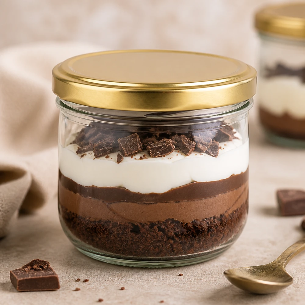 Verre renversé de 260 ml BasicSeal gold UNiTWIST rempli de dessert au chocolat montre l'aptitude pour les desserts sucrés