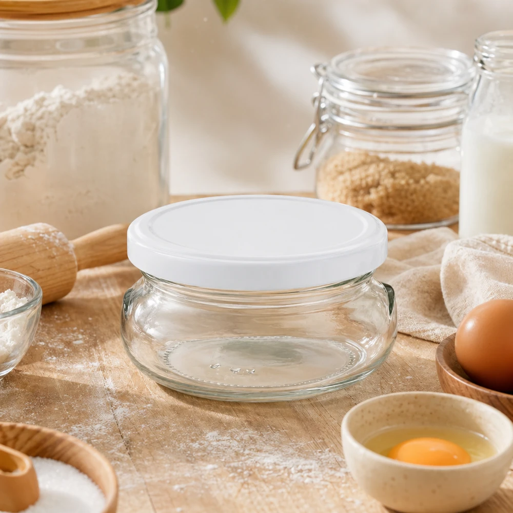 120ml Terrinenglas mit weißem Deckel in Backküche mit Mehl, Eiern und Backzutaten für Dessert-Zubereitung