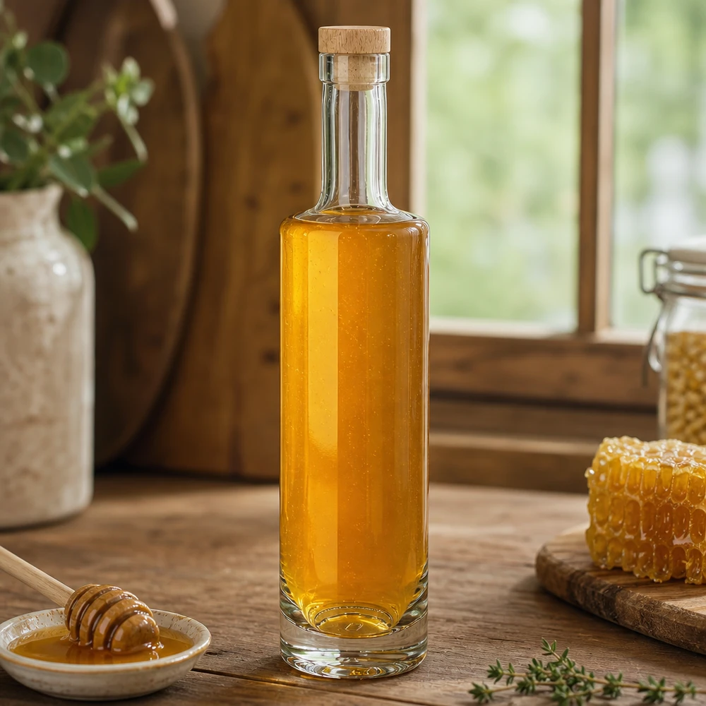 Bouteille en verre 500 ml « Lina » avec bouchon en bois UNiTWIST® 500ml Glasflasche Lina mit Holzkorken gefüllt mit Honig neben Bienenwabe rustikale Landküche natürliche Zutaten