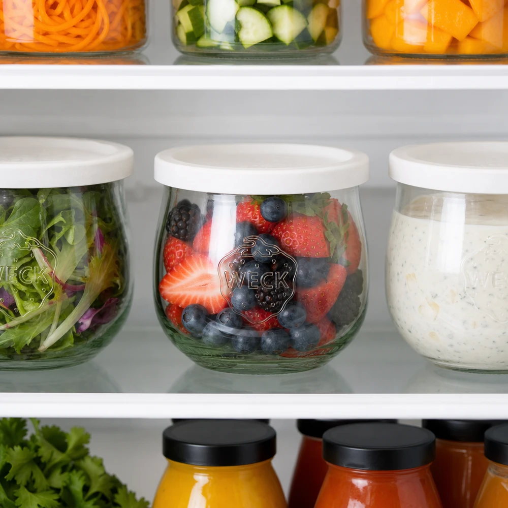 Bocal tulipe de 370 ml avec couvercle hermétique WECK RR80 WECK Pot tulipe 370ml RR80 dans le réfrigérateur rempli de baies à côté de la salade et des pâtes à tartiner pour une conservation au frais