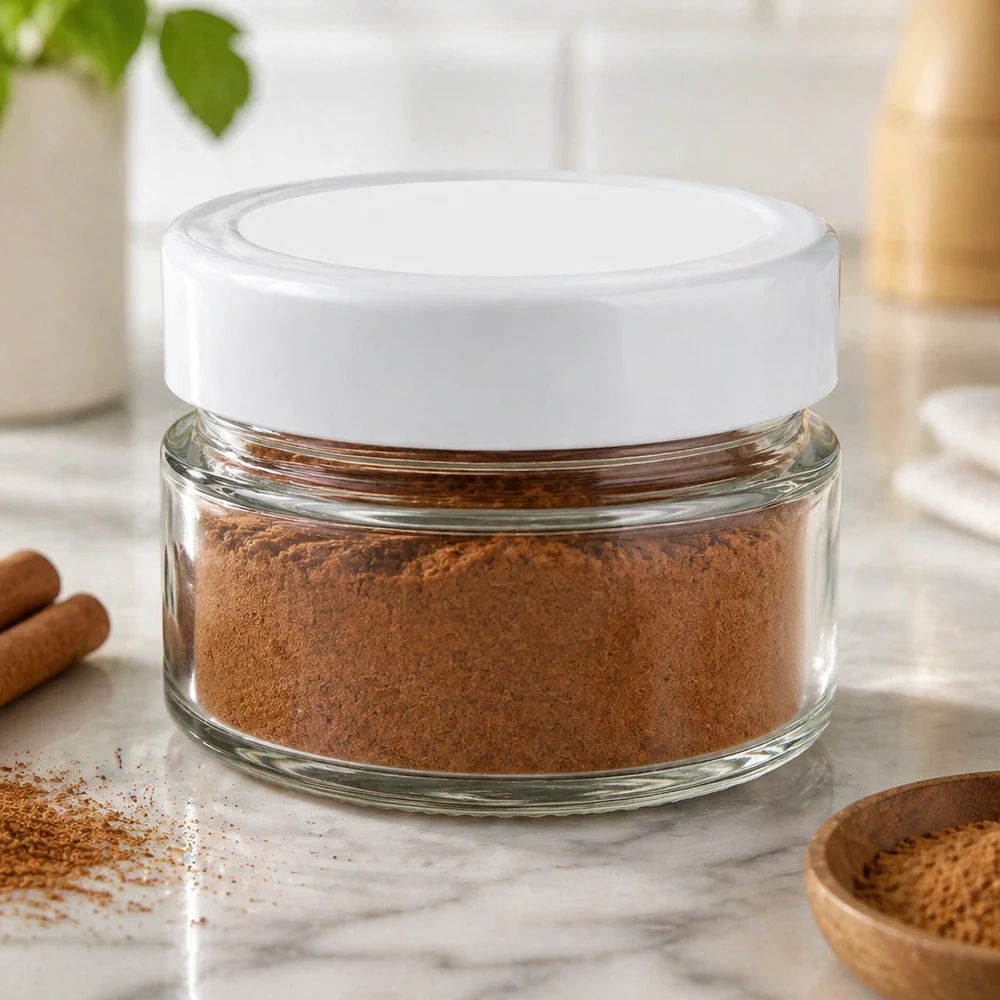 Pot rond de 80ml rempli de poudre brune montre une utilisation pratique pour les épices et la conservation de la cuisine