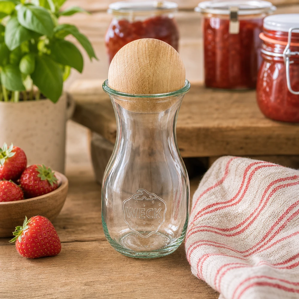 290ml Bouteille à jus de fruits WECK RR60 avec boule en bois en hêtre WECK Bouteille en verre 290ml RR60 avec bouchon en forme de boule de hêtre dans une cuisine rustique à côté des fraises et des pots de confiture