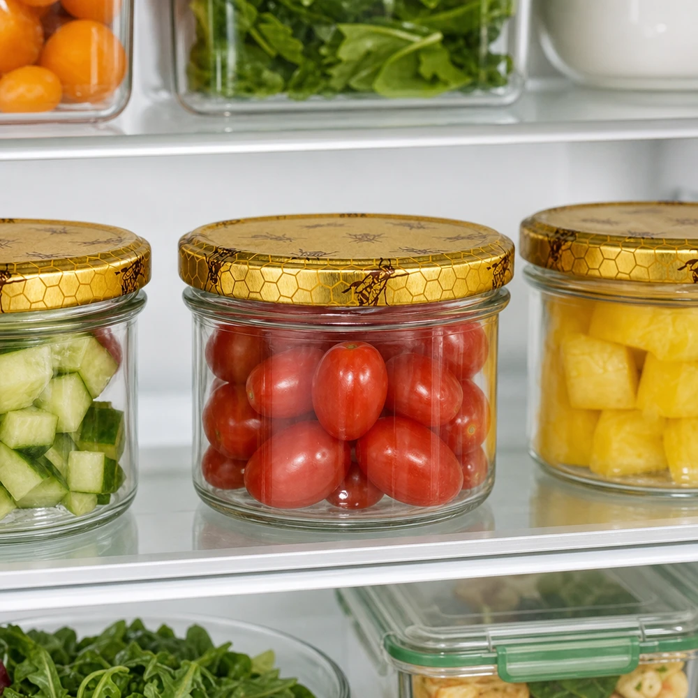 225ml verre renversé + couvercle BasicSeal nid d'abeille UN. 225ml Set de pots renversés dans le réfrigérateur remplis de légumes BasicSeal Couvercle en nid d'abeille Meal Prep Bocaux de conservation