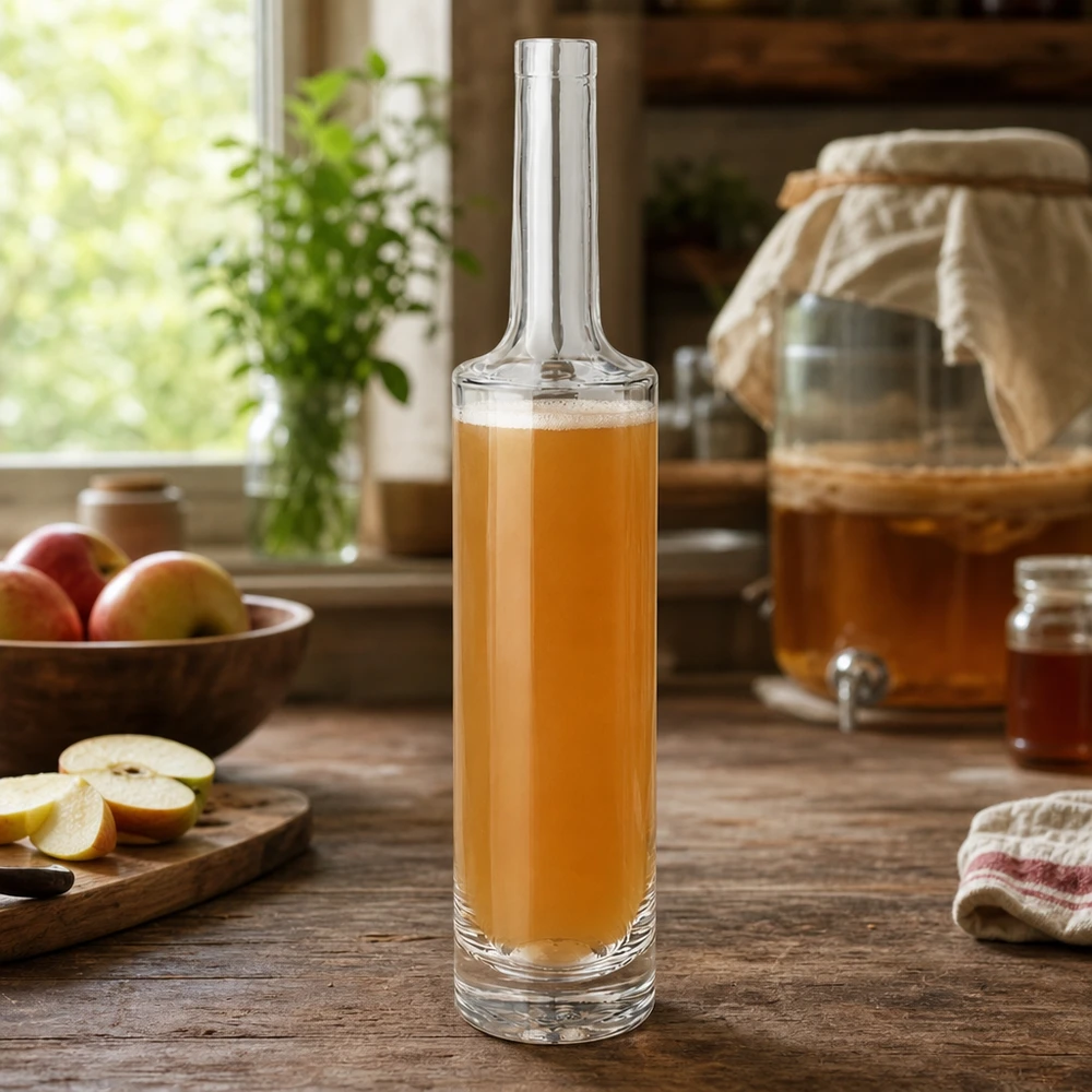 Bouteille en verre 500 ml « Rosa » sans bouchon UNiTWIST® Bouteille en verre rose de 500 ml remplie de jus de pomme Scène de cuisine pommes coupées Accessoires pour le miel Photo de produit 10 sur 10