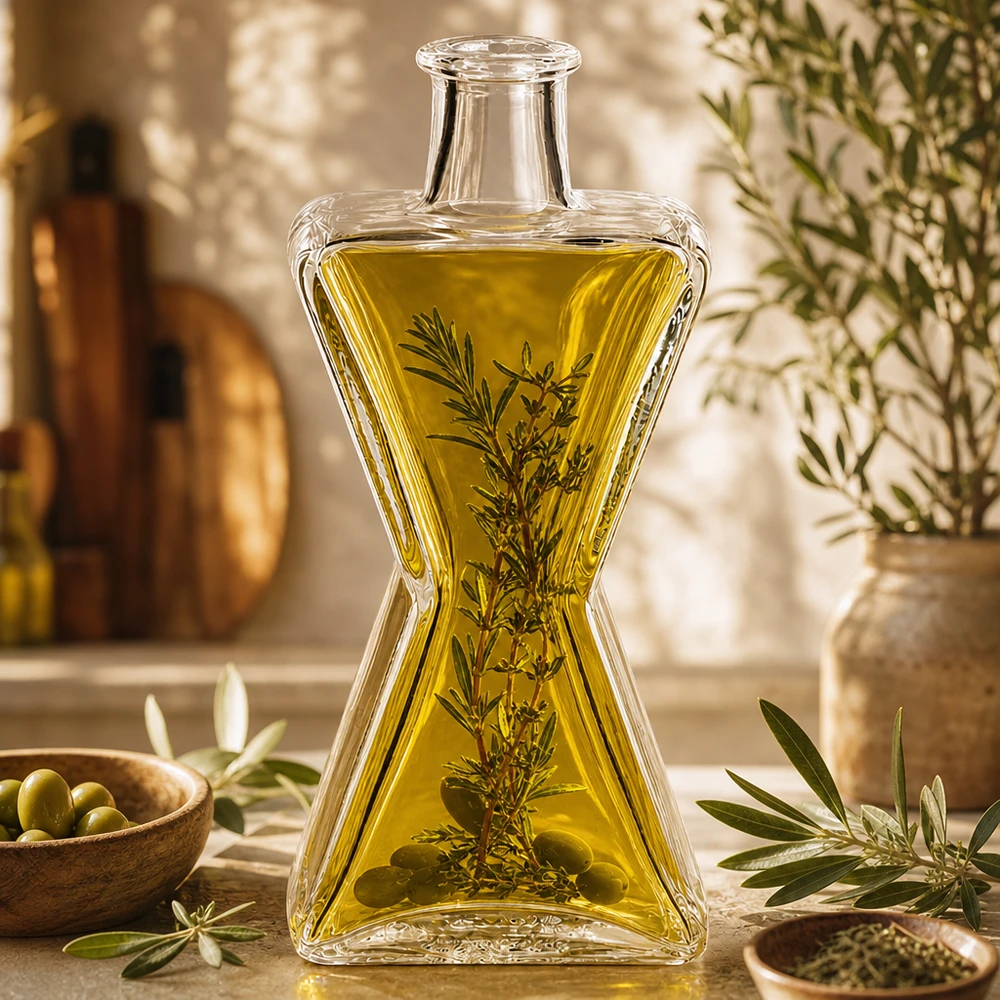 Bouteille en verre Star 200ml remplie d'huile d'olive et d'herbes aromatiques dans la cuisine méditerranéenne comme bouteille décorative