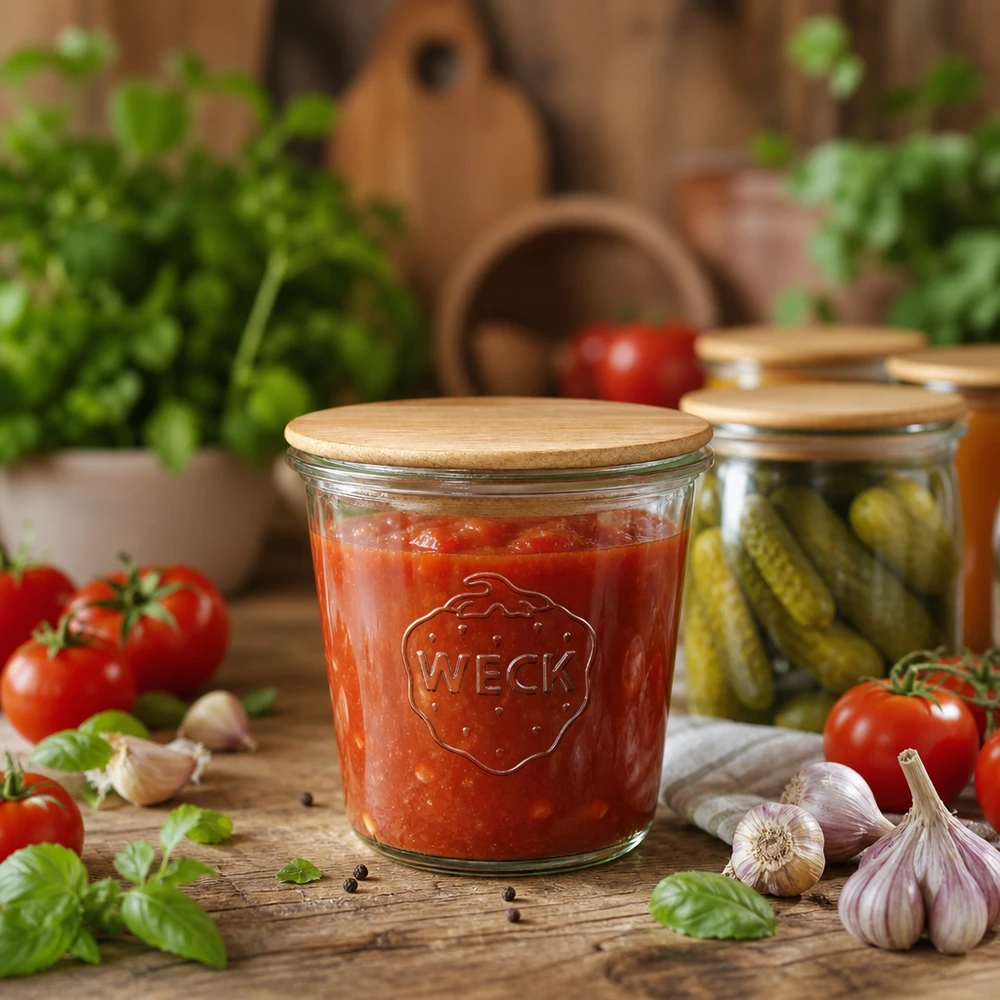 WECK Pot de conserve 580ml avec couvercle en bois rempli de sauce tomate, entouré d'ingrédients frais et de cornichons