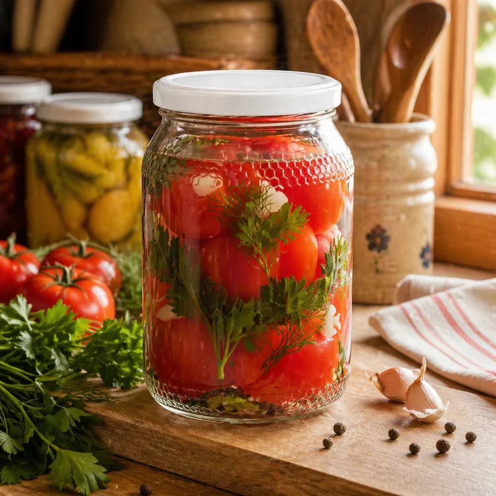 Pot à miel 1260 g avec couvercle blanc BasicSeal UNiTWIST Pot de miel 900ml avec tomates confites et herbes aromatiques montre les possibilités de conservation BasicSeal couvercle blanc