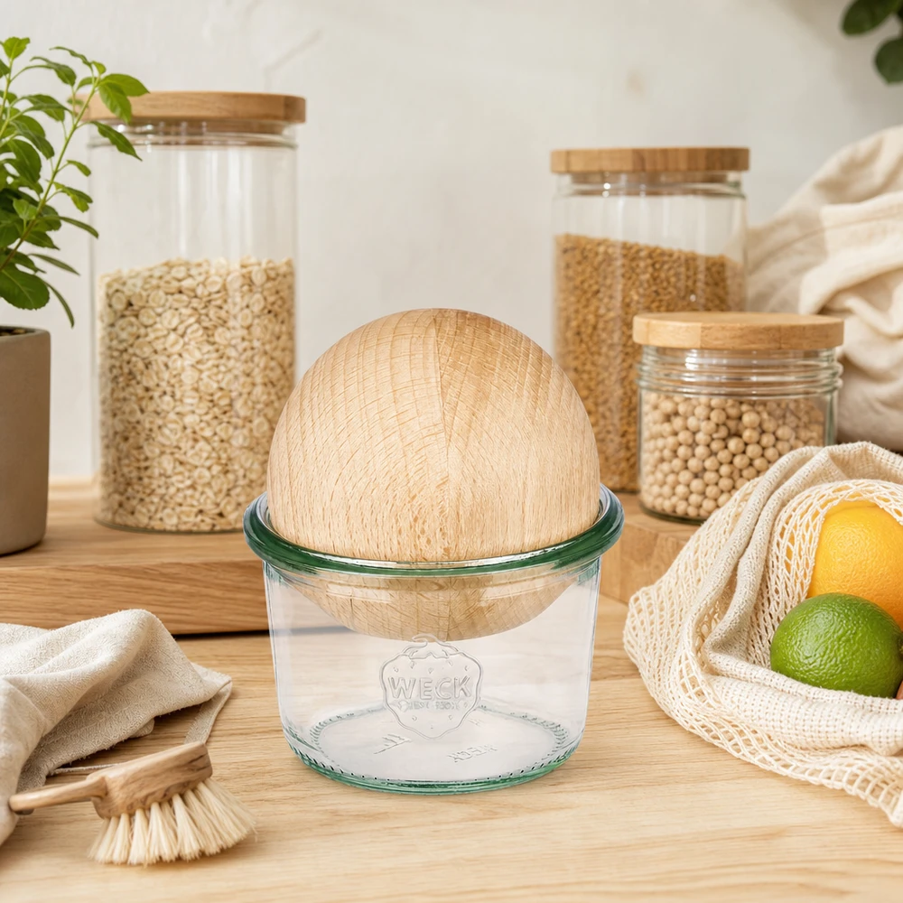 WECK Verre renversé 80ml RR60 avec boule en bois de hêtre dans une cuisine durable zéro déchet avec bocaux de réserve et sac en jute