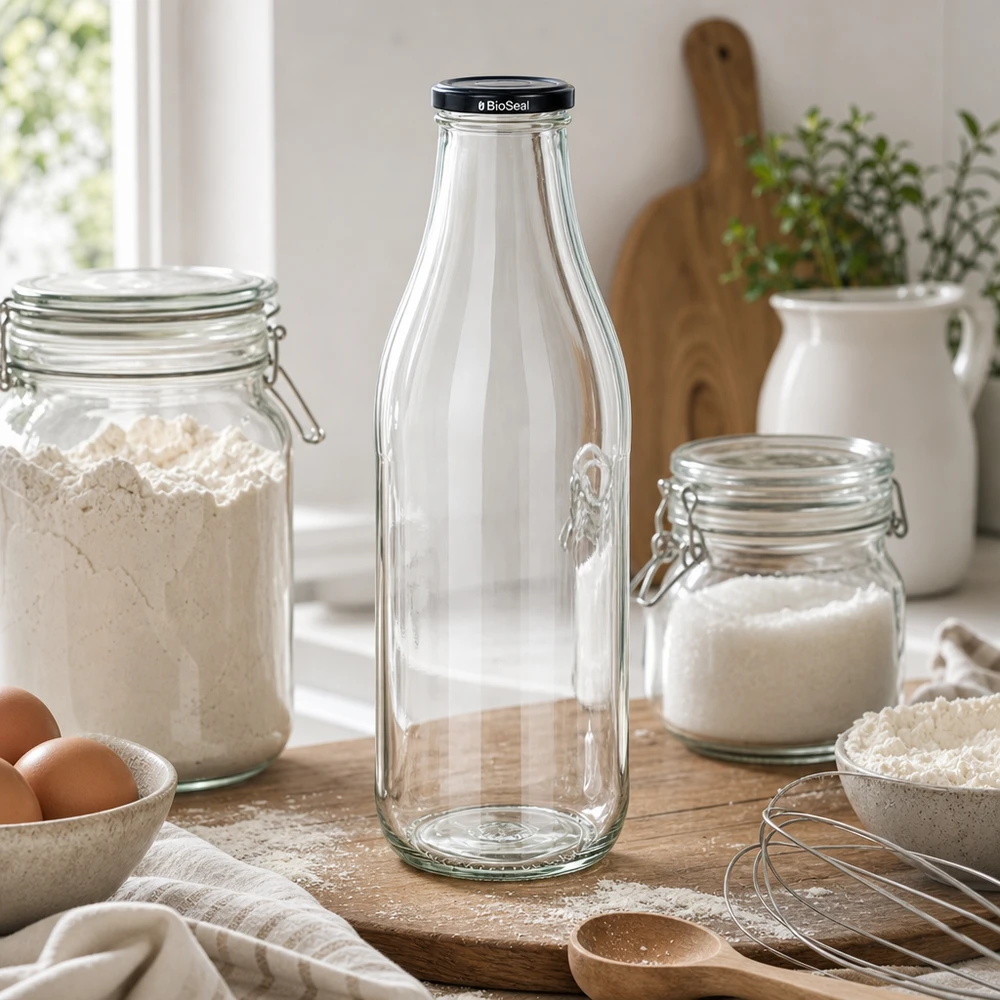 Bouteille en verre de 1000ml avec couvercle BioSeal dans la cuisine entre les bocaux de stockage farine sucre ustensiles de cuisine Lifestyle