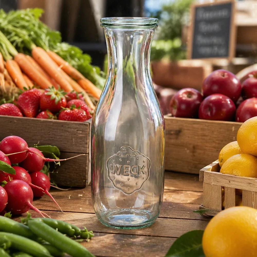 Bouteille à jus de 1 062 ml avec couvercle en verre WECK RR60 WECK Bouteille de jus 1062ml transparente vide sur table en bois avec fruits frais légumes radis carottes citrons pommes