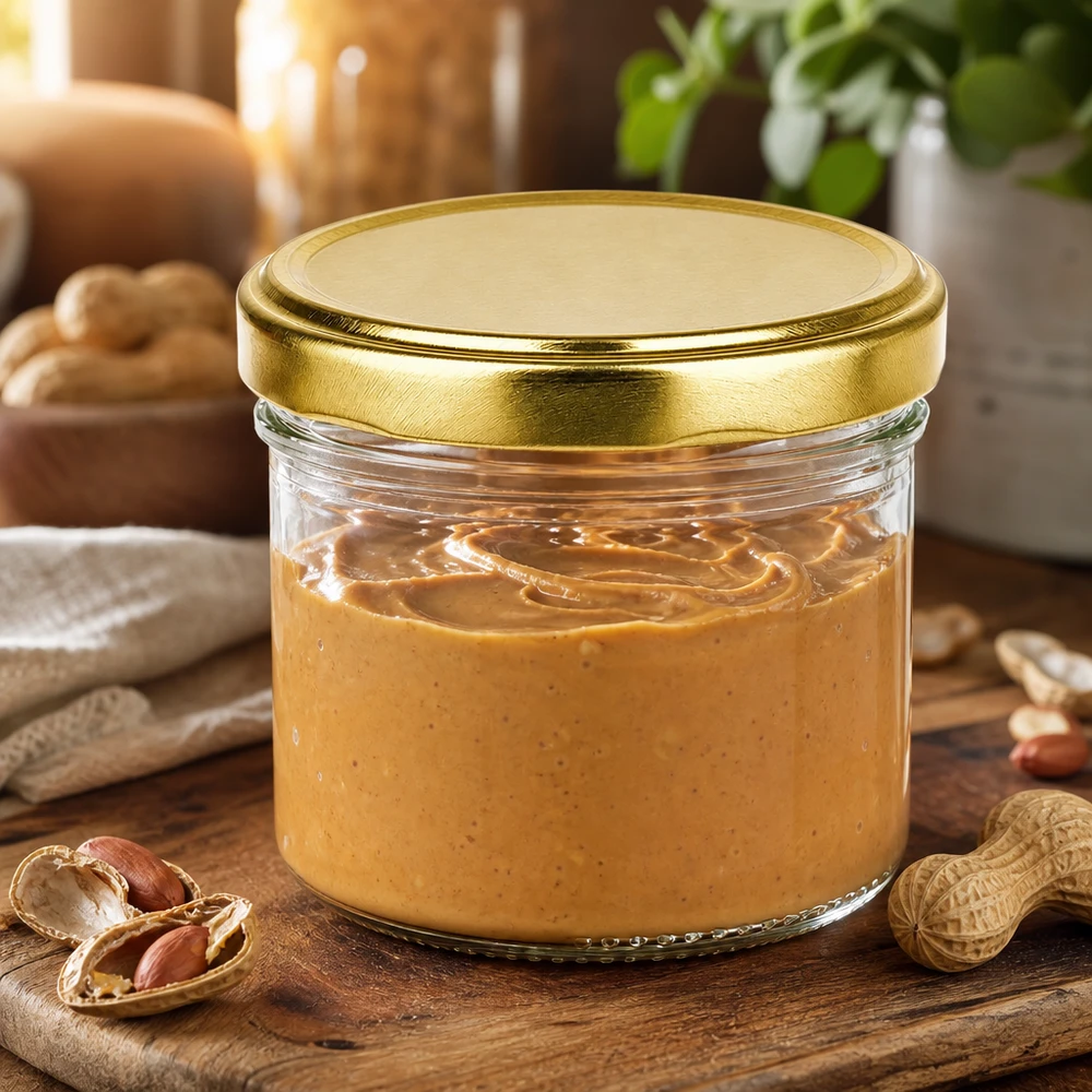 230ml Verre cylindrique avec couvercle BioSeal or UNiTWIST 230ml Zylinderglas mit goldenem BioSeal Deckel gefüllt mit cremiger Erdnussbutter Nussmus auf Holztisch Küche