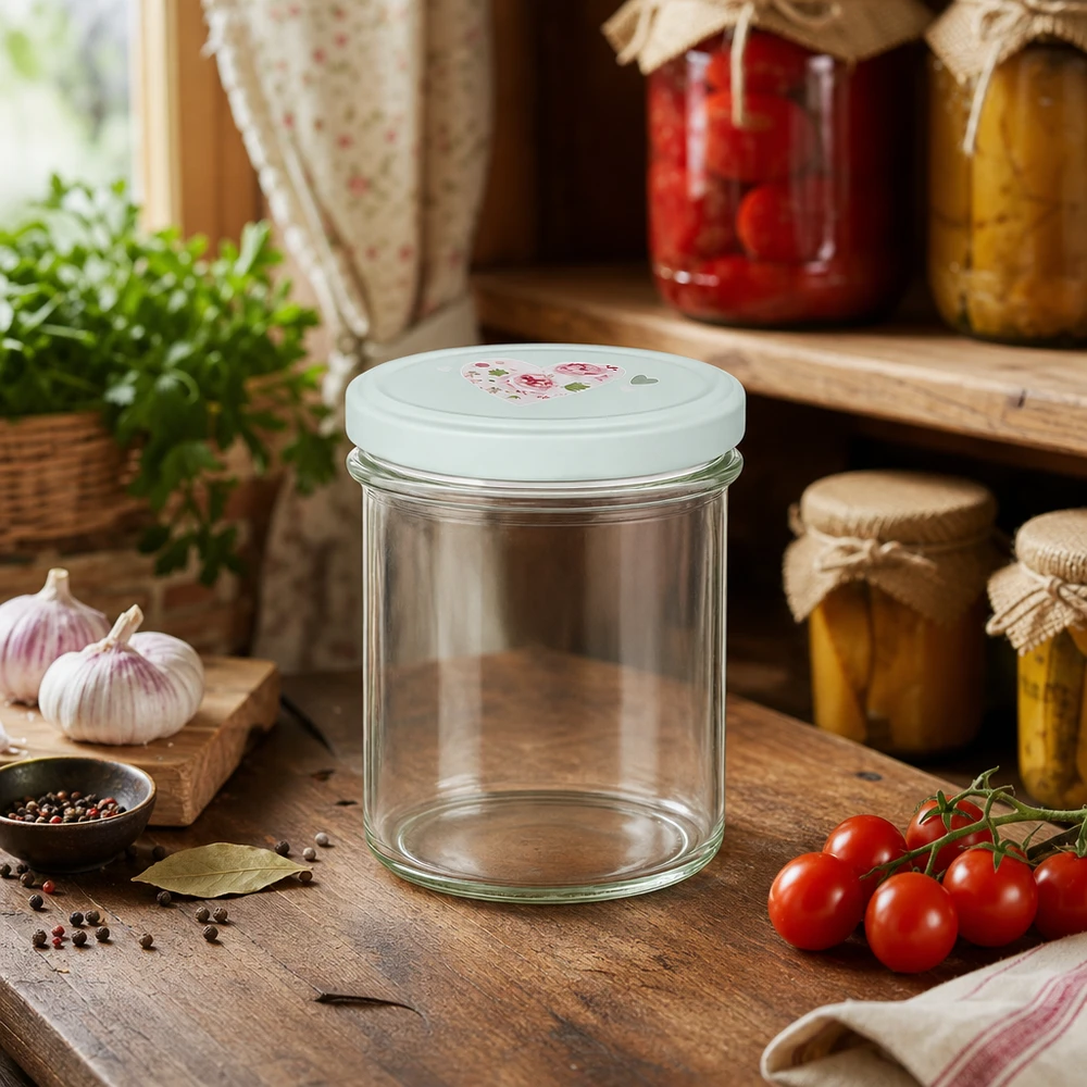 Verres de 350 ml + couvercle BasicSeal cur menthe UNiTWIST Leeres 350ml Sturzglas mit BasicSeal Deckel Herz mint auf Holztisch umgeben von frischen Tomaten Knoblauch und Gewürzen