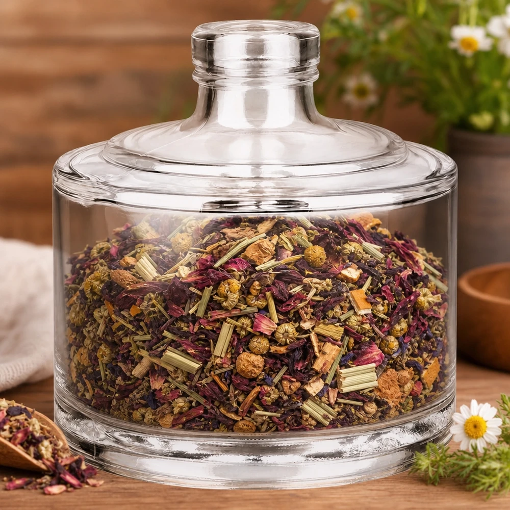 Bouteille en verre Barbara de 200 ml pour conserver avec style les tisanes et les fleurs séchées, avec couvercle en verre