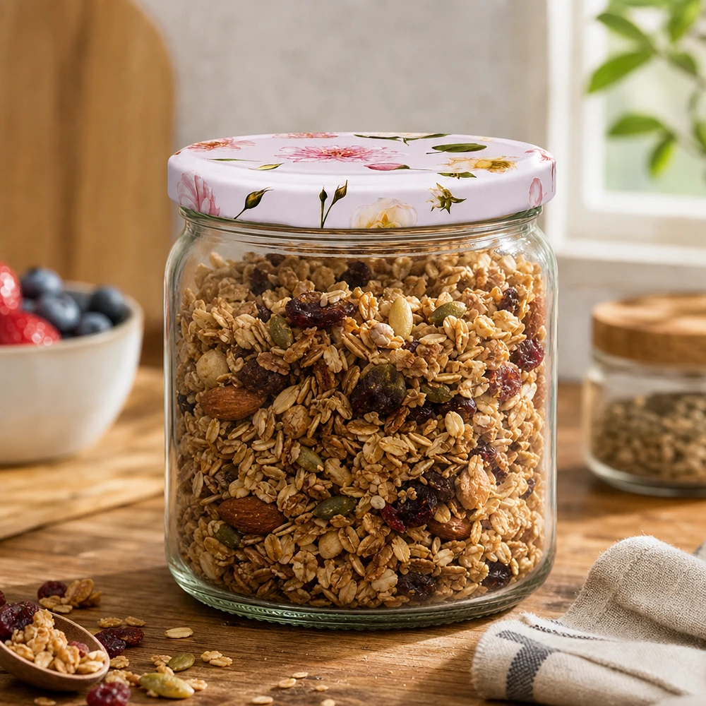 408ml Bocal rond rose Couvercle à fleurs BasicSeal rempli de céréales Granola Noix Fruits secs Bocal de réserve Cuisine