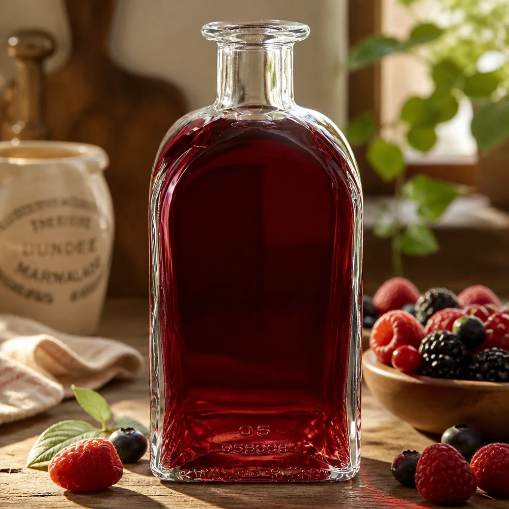 Bouteille en verre Julia 500ml remplie de liquide rouge entouré de baies pour décorer une table en bois