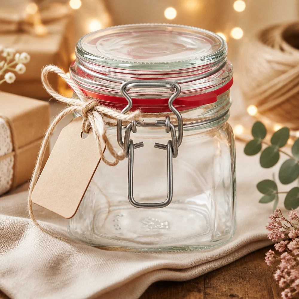 Bocal de conservation de 370 ml, type G, avec bouchon à clip UN.. Bocal à provisions compact de 370 ml avec anse métallique et étiquette cadeau décorative en papier kraft