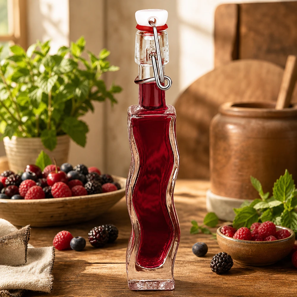 Flacon en verre « Fila » 40 ml avec bouchon en PVC UNiTWIST® 40ml Glasflasche Anna mit Beerensaft gefüllt, dekorativ arrangiert mit frischen Beeren und Minze auf Holztisch