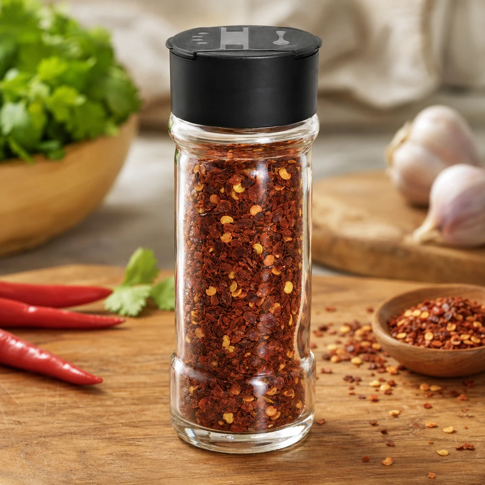 Pot à sel/épices 100 ml avec double saupoudreuse, noir Pot en verre transparent de 100 ml rempli de flocons de piment, muni d'un bouchon noir à double saupoudreuse