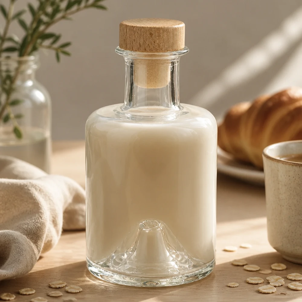 Flacon à pharmacie « Sofia » 200 ml avec bouchon en bois UNiTWIST® Bouteille en verre Sofia de 200 ml avec bouchon en bois remplie de lait d'avoine crémeux dans une ambiance de cuisine naturelle avec des flocons d'avoine