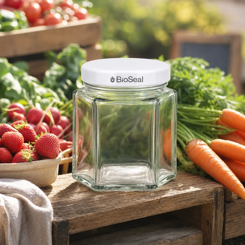 47ml Verre hexagonal avec couvercle BioSeal blanc UNiTWIST 47ml Verre hexagonal avec couvercle BioSeal blanc UNiTWIST