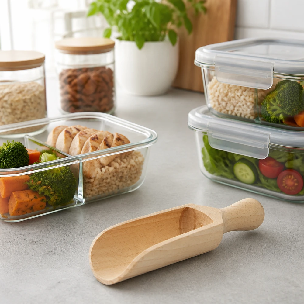 Pelle en bois taille M forme semi-circulaire - 140mm de long Pelle en bois M 14cm semi-circulaire sur plan de travail de cuisine avec conteneurs Meal-Prep et bocaux de conservation en arrière-plan