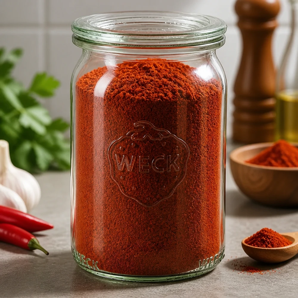 145ml bocal cylindrique avec bouchon en verre WECK RR40 WECK Pot cylindrique de 145ml RR40 rempli de poudre de paprika rouge dans une scène de cuisine avec des épices et des piments rouges