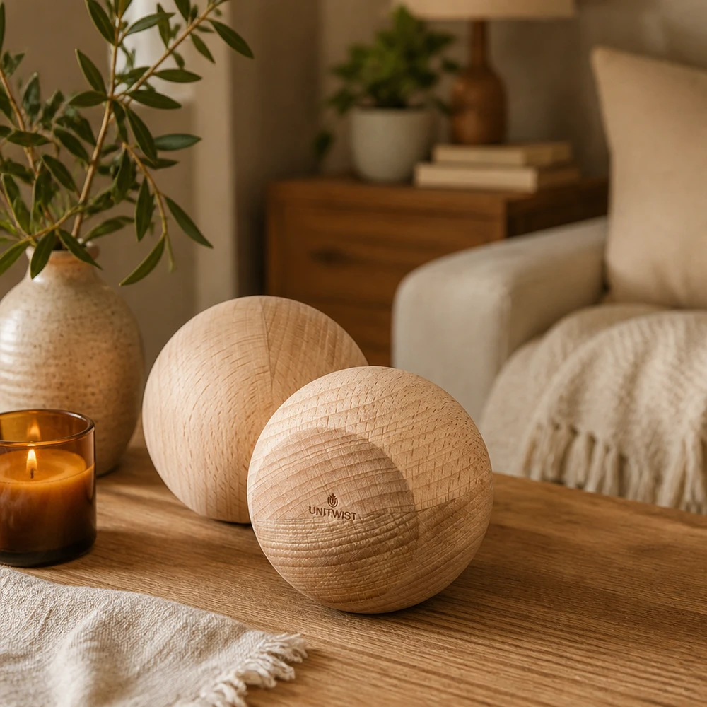 Sphères en bois UNiTWIST en hêtre dans une ambiance chaleureuse - décoration élégante sur une table en bois à côté d'une bougie