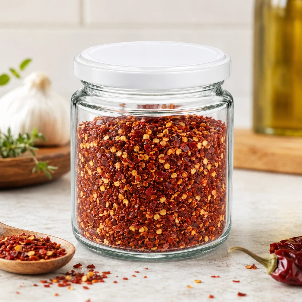 Pot à miel 350 g avec couvercle blanc BasicSeal UNiTWIST Pot de miel de 250 ml avec couvercle blanc BasicSeal rempli de flocons d'épices rouges au piment dans une scène de cuisine méditerranéenne