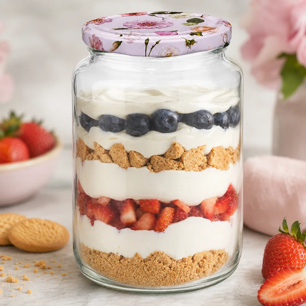 Pot rond de 795 ml + couvercle BasicSeal fleur rose UNiTWIST 795ml Verre rond à dessert stratifié Yaourt Baies Biscuits BasicSeal Couvercle rose Fleurs Verre à dessert Cuisine